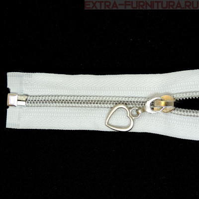 Молния спираль декор Т5 75см цв.белый/серебро (сердце)